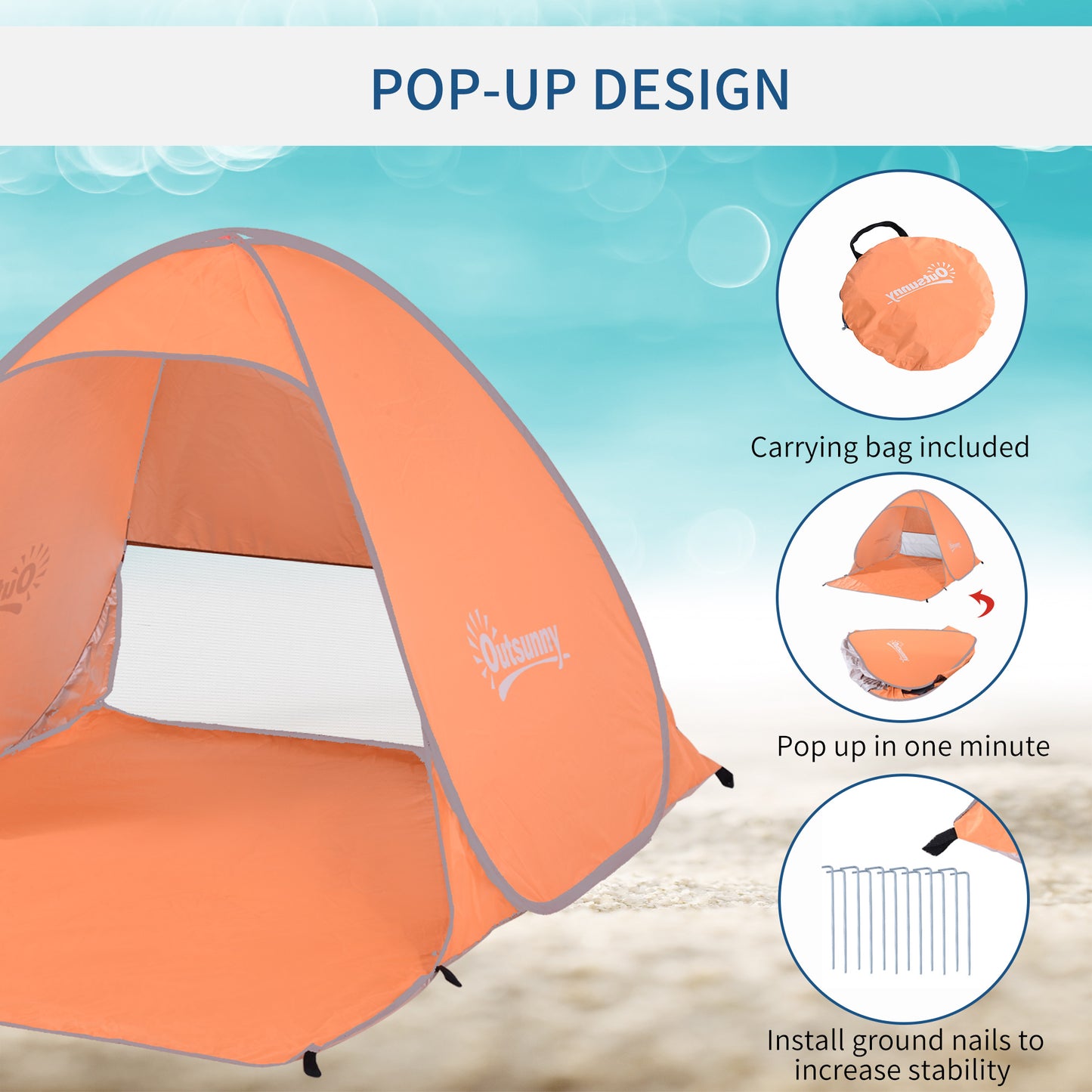 Outsunny Pop Up Beach Tent Portable Sun Shelter UV Protection Outdoor Patio with Carry Case & Stakes Orange