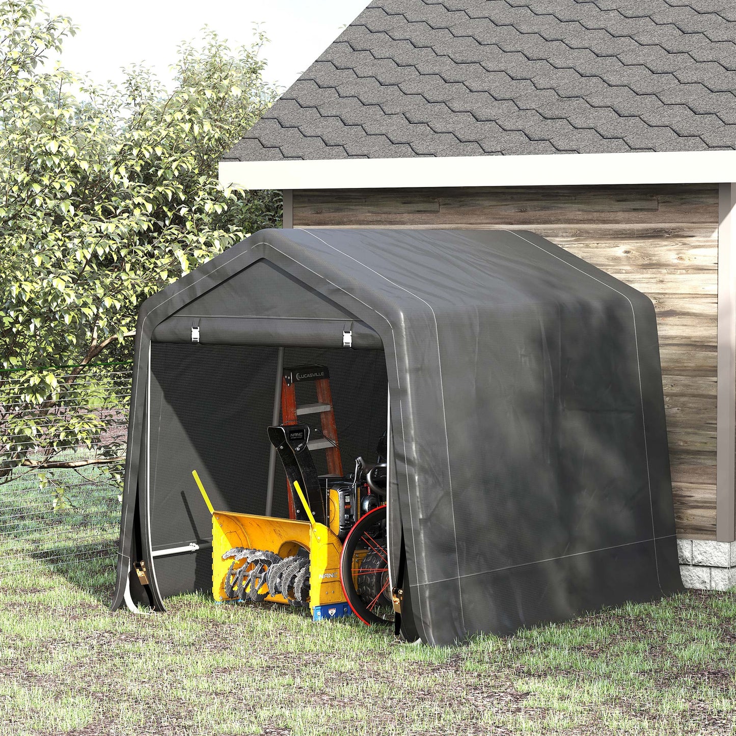 9.2' x 7.9' Garden Storage Tent, Heavy Duty Bike Shed, Patio Storage Shelter w/ Metal Frame and Double Zipper Doors, Dark Grey