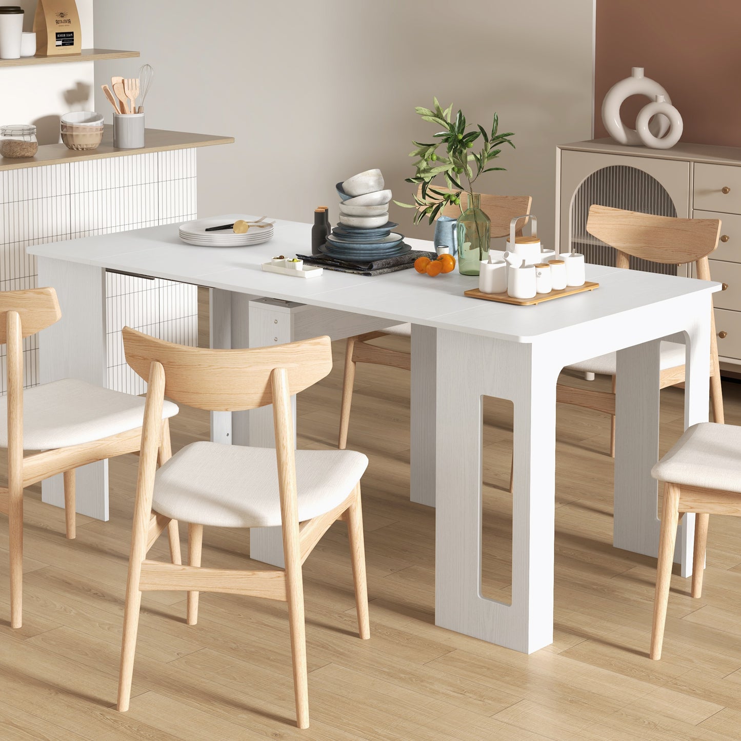 Foldable Table, Extendable Dining Table, Kitchen Table for Small Spaces, Seats up to 6 People, White