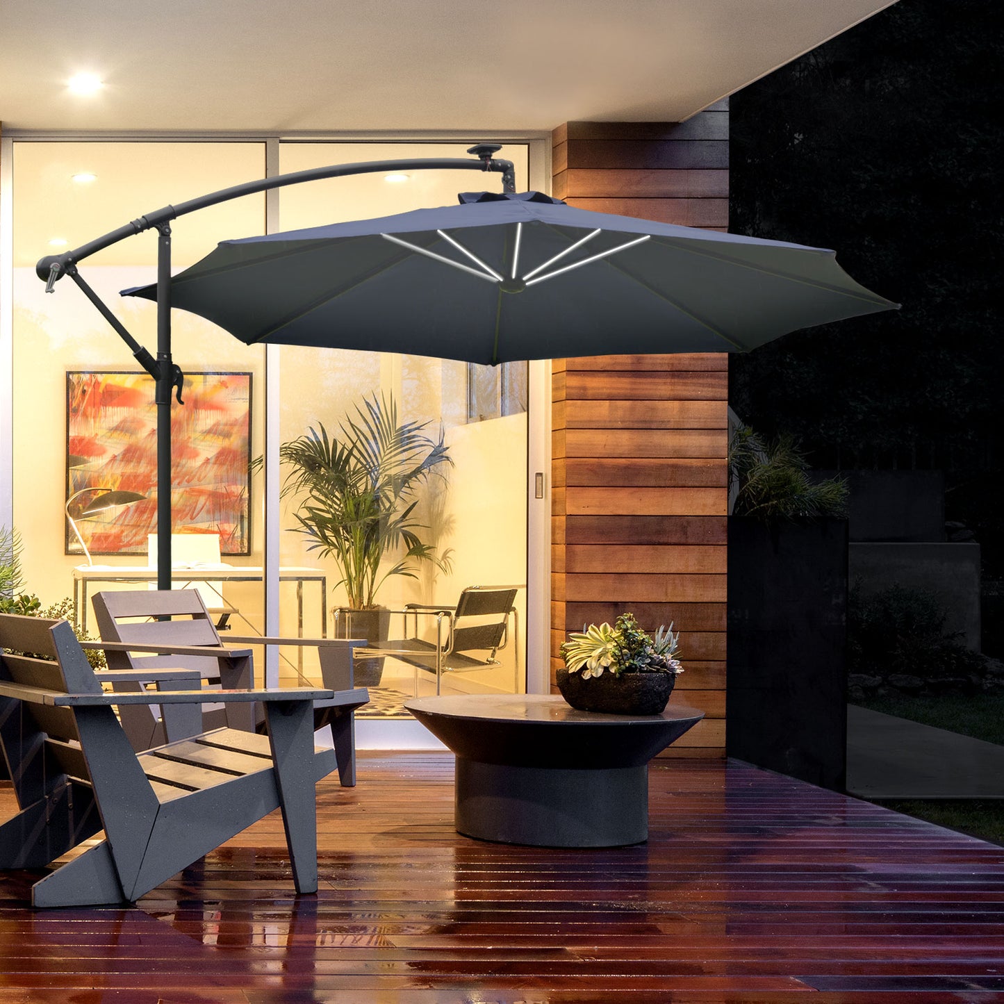 10ft Cantilever Solar Hanging Offset Umbrella Outdoor LED Lights Aluminum Market Banana Parasol Crank w/ Cross Base Garden Sun Shelter Blue