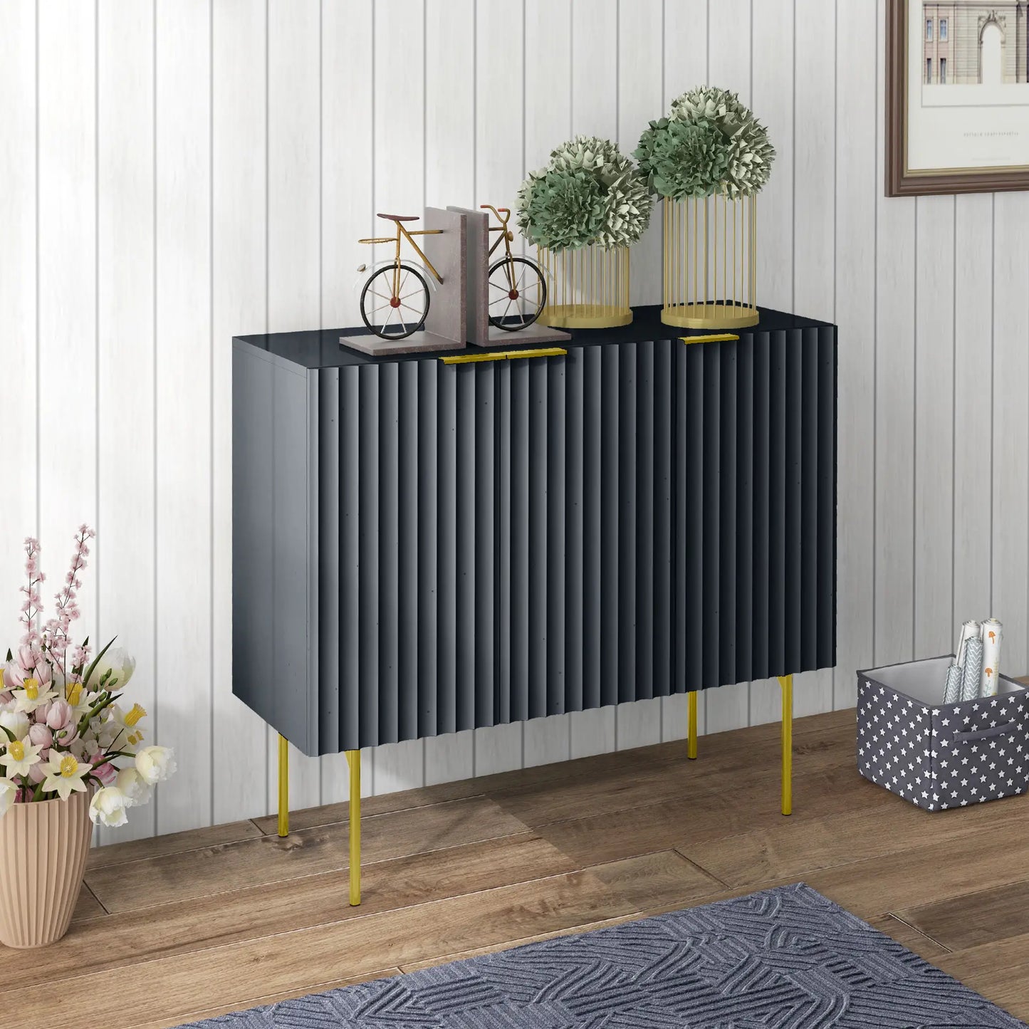 Modern Storage Cabinet Sideboard Buffet Cabinet with Gold Legs for Living Room or Dining Room or Hallway in Black