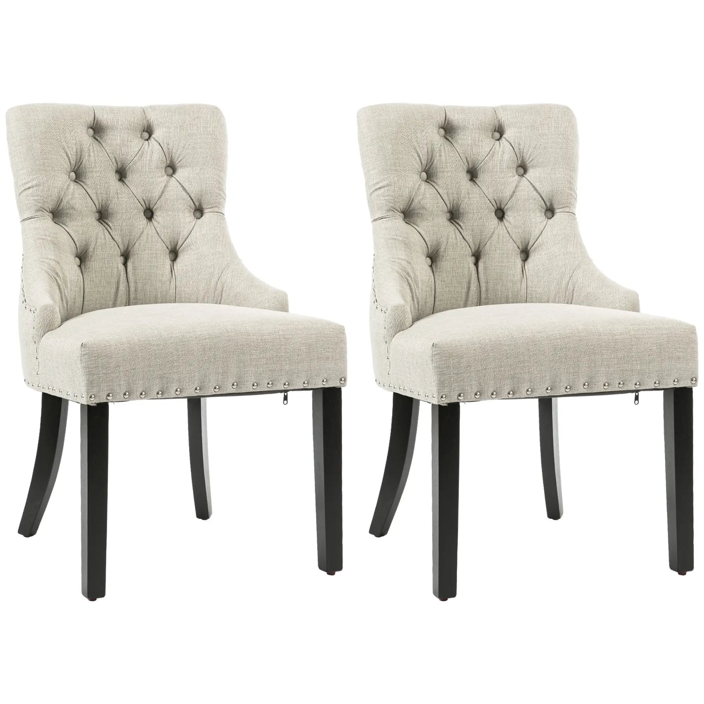 Swoop Air Linen Fabric Dining Chair Set of 2 with Nailhead Trim and Wood Legs Light Grey