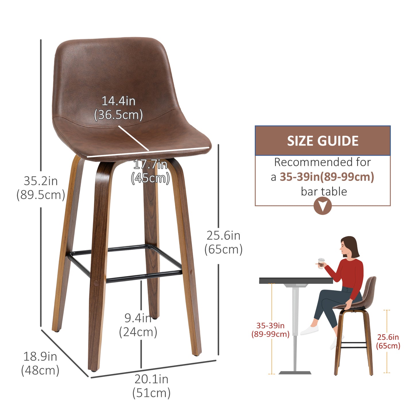 Counter Height Bar stools Set of 2 Mid-Back PU Leather Bar Chairs with Wood Legs, Brown