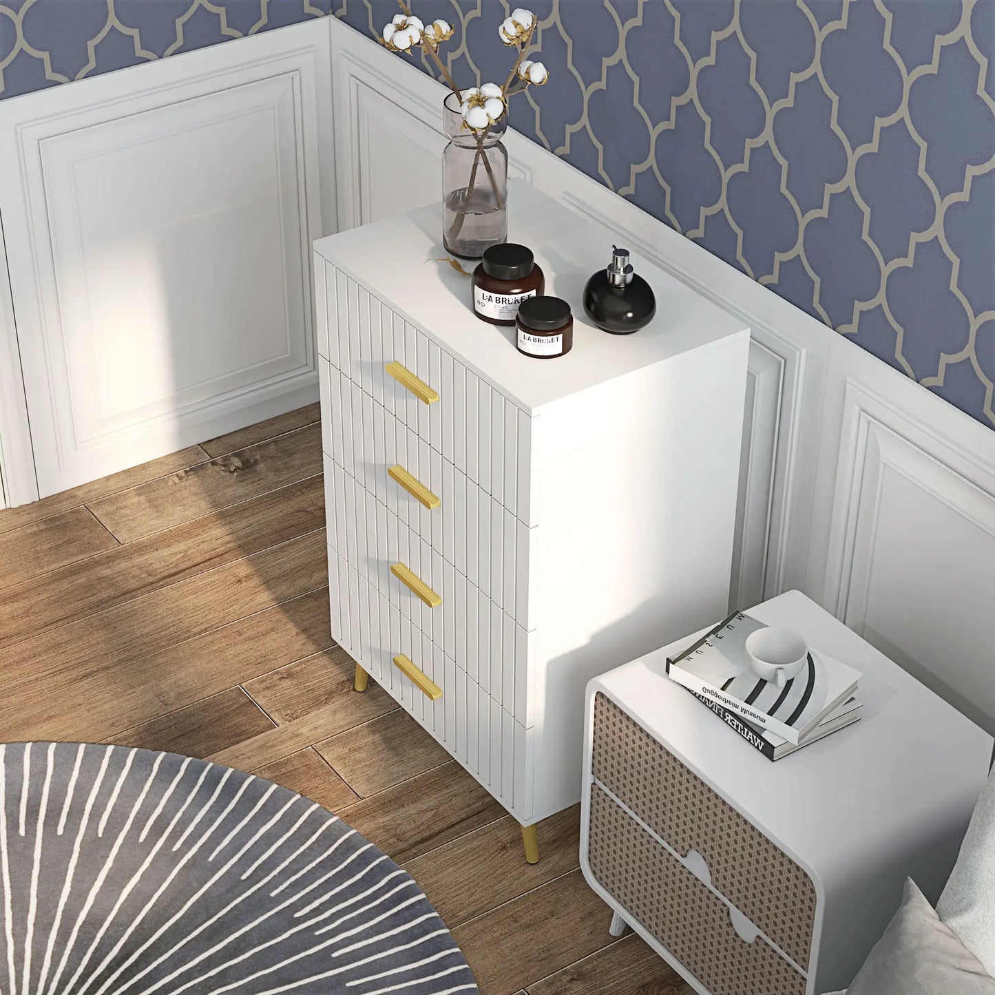 4 Drawer Dresser with Aluminium Legs and Gold Handles, White