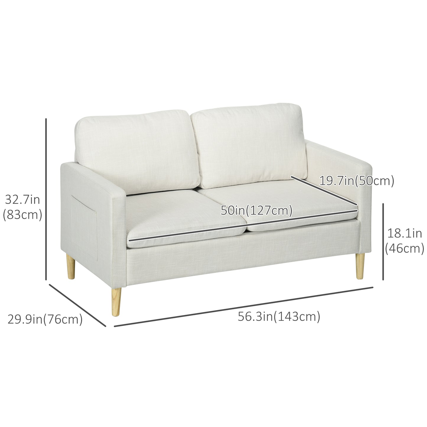 56" 2 Seat Sofa, Modern Love Seats , Upholstered  with Side Pockets, Solid Steel Frame, White