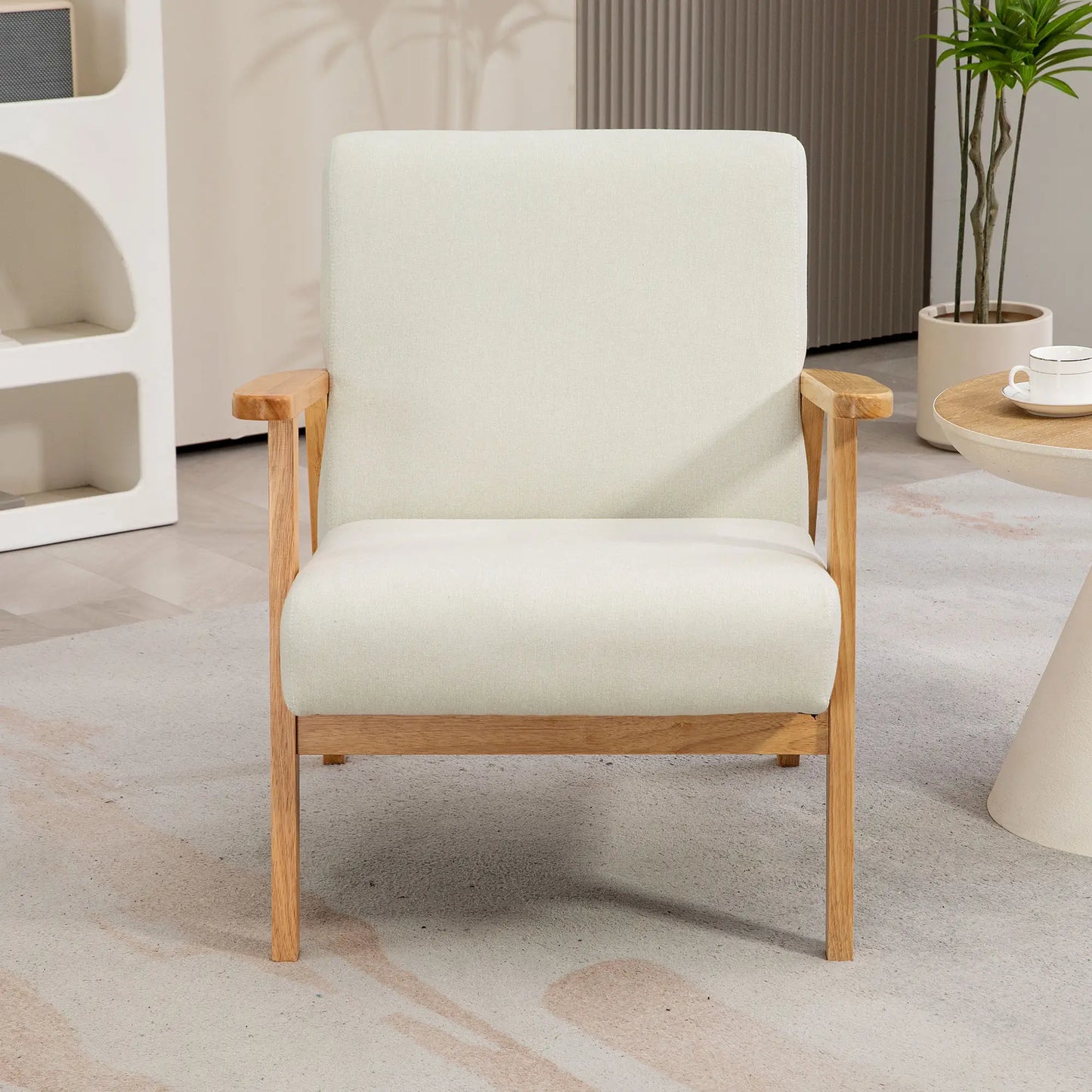 Mid-Century Modern Accent Chair, Retro Fabric Upholstered in Cream White