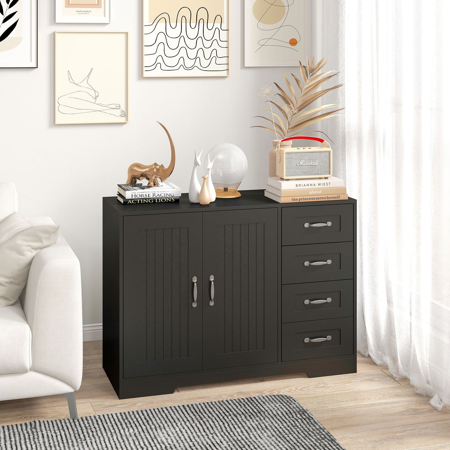 Modern Sideboard Buffet Cabinet with Drawers and Beadboard Door Cupboard Kitchen Storage Cabinet Black