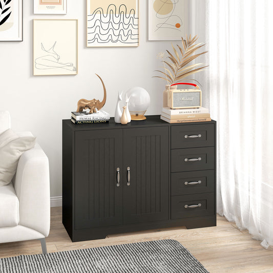 Modern Sideboard Buffet Cabinet with Drawers and Beadboard Door Cupboard Kitchen Storage Cabinet Black