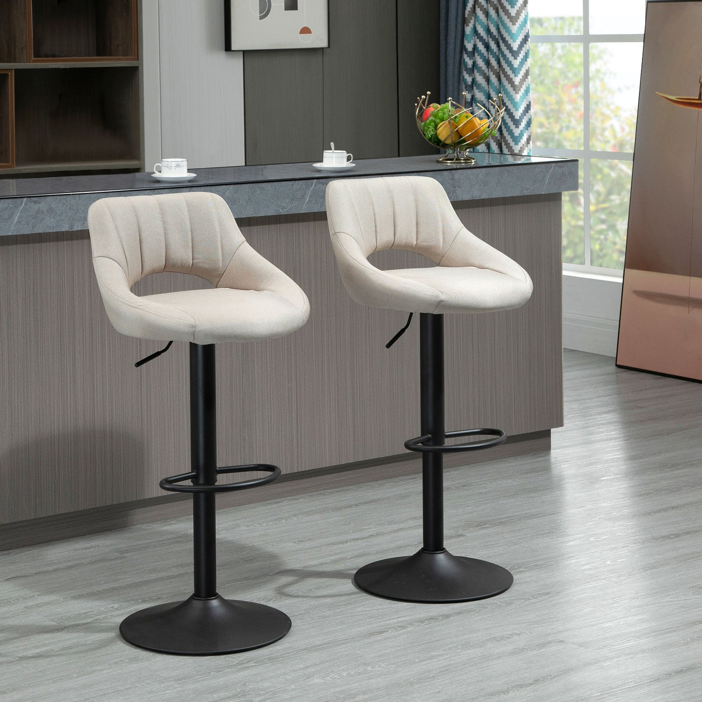 Bar Stools Set of 2, Swivel Counter Height Barstools with Adjustable Height, Linen Upholstered Bar Chairs with Round Metal Base and Footrest, Cream