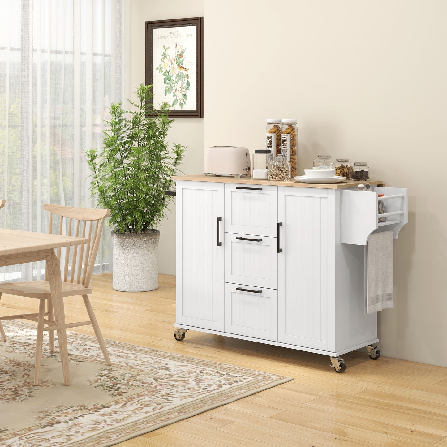 Rolling Kitchen Island with Drop Leaf, on Wheels with 3 Drawers, 2 Cabinets, Natural Wood Top, Spice Rack and Towel Rack, in White