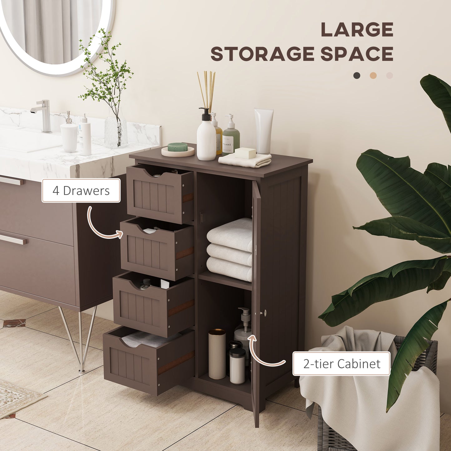 Bathroom Storage Cabinet with Adjustable Shelf and 4 Drawers, in Brown