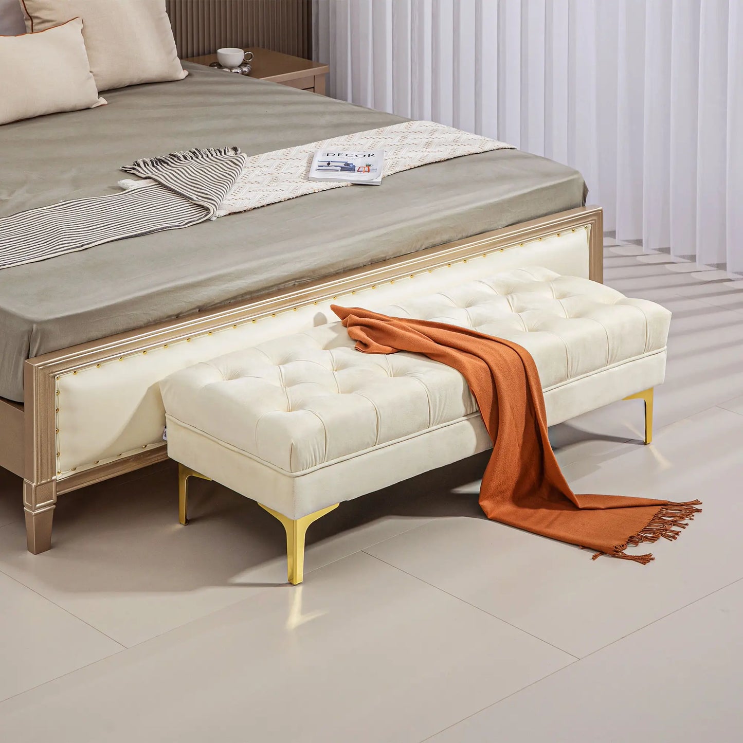 Upholstered Ottoman Bench with Button Tufted for Entryway, Living Room or Bedroom, in Cream White