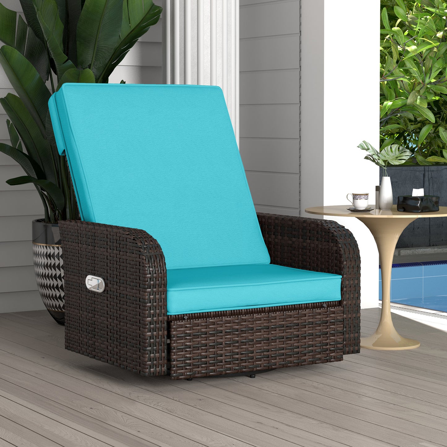 Outsunny Wicker Swivel Chair w/ Cushion, Patio Recliner Chair, Turquoise