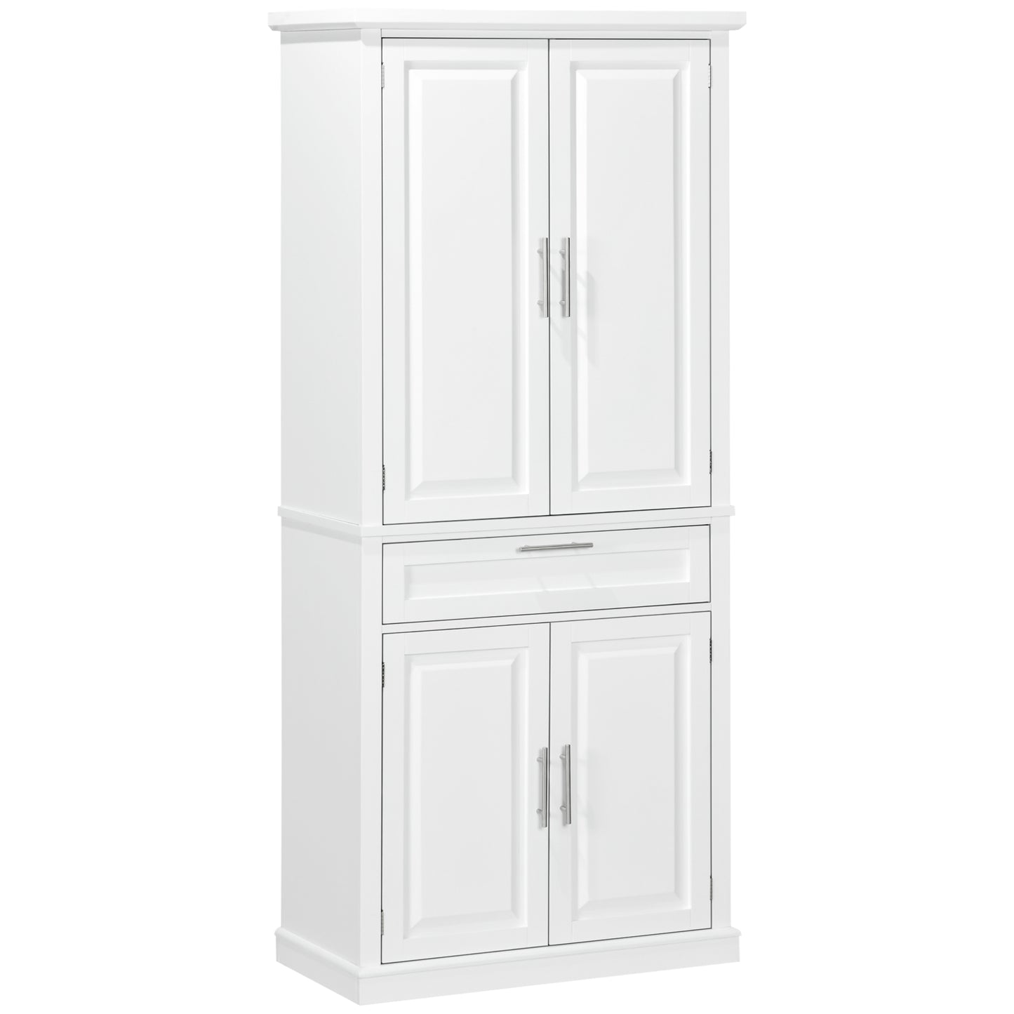 72" Kitchen Pantry Cabinet, Freestanding Storage Cabinet, 4-Door Cupboard with Drawer and Adjustable Shelves, White