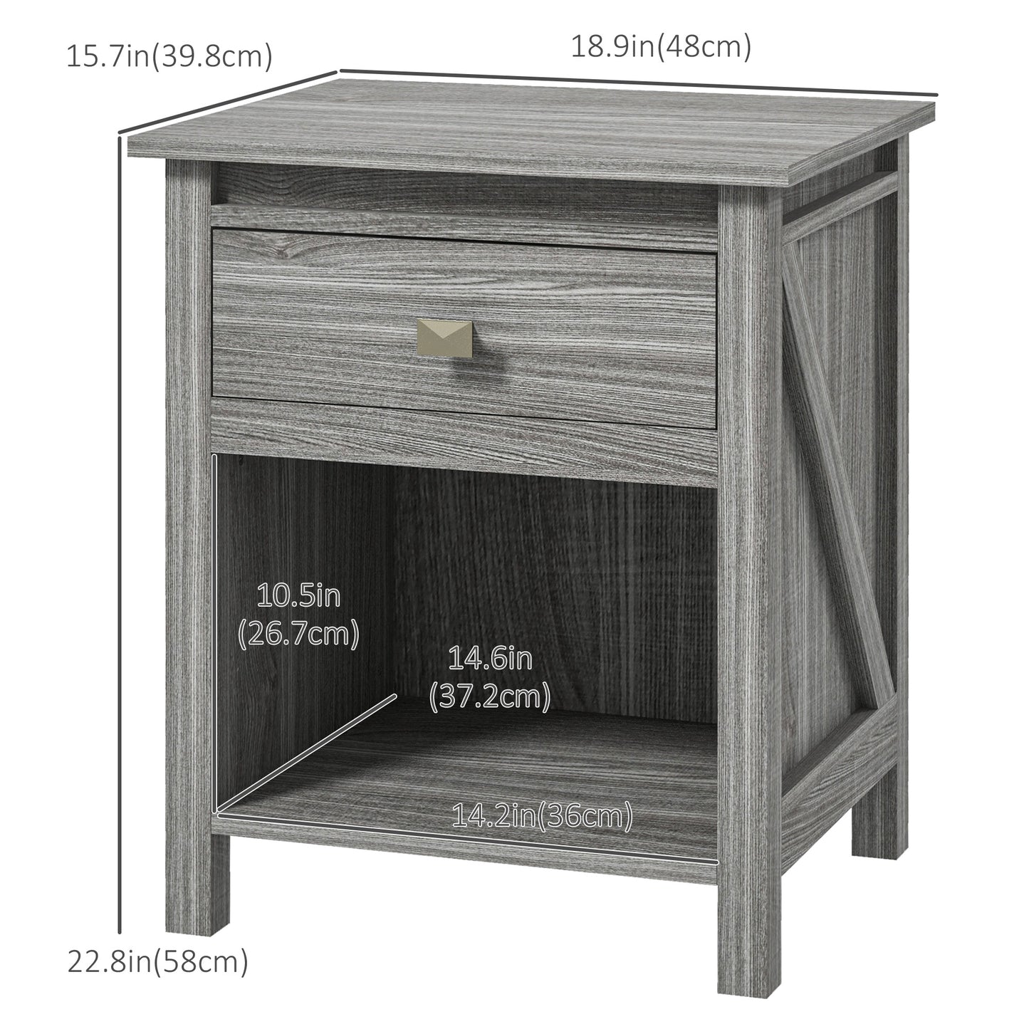 Bedside Table, Farmhouse Nightstand with with Drawer and Storage Shelf, Night Table for Bedroom, Grey