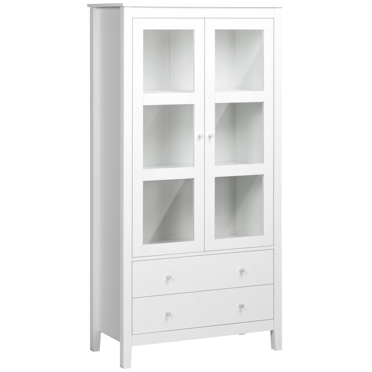 Kitchen Pantry Cabinet, Freestanding Storage Cabinet with 3-tier Shelves, 2 Drawers and Glass Doors, White