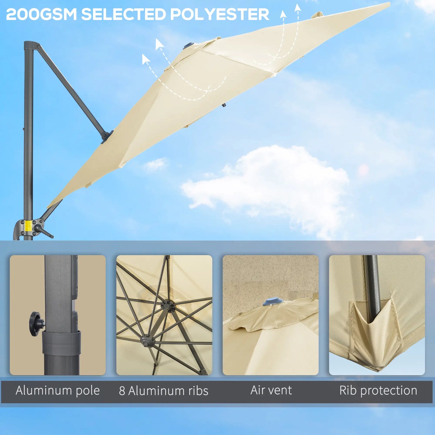 9.6' Cantilever Patio Umbrella Outdoor Hanging Offset Umbrella with Cross Base 360° Rotation Aluminum Poles in Cream White