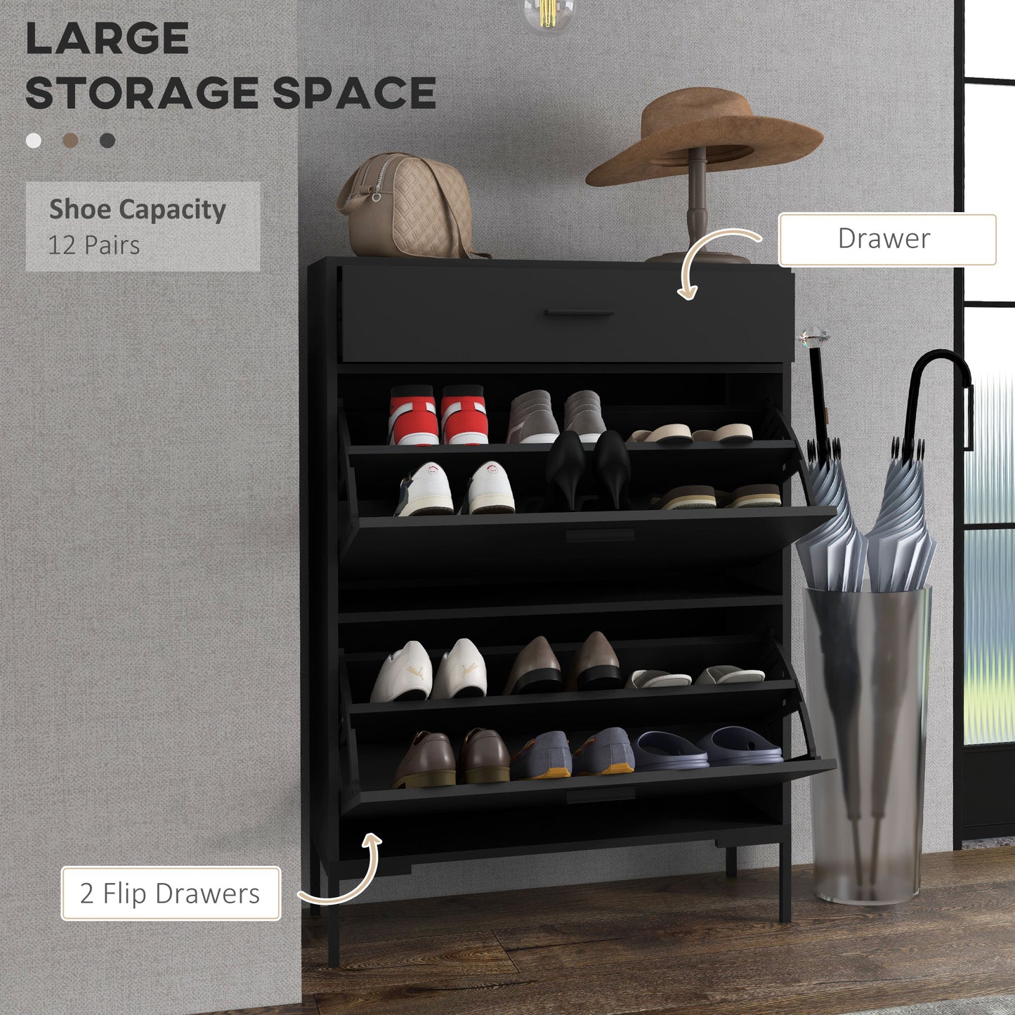 Modern Shoe Cabinet Storage 12 Pair Shoe Organizer with 2 Flip Doors Drawer and Adjustable Shelf Black