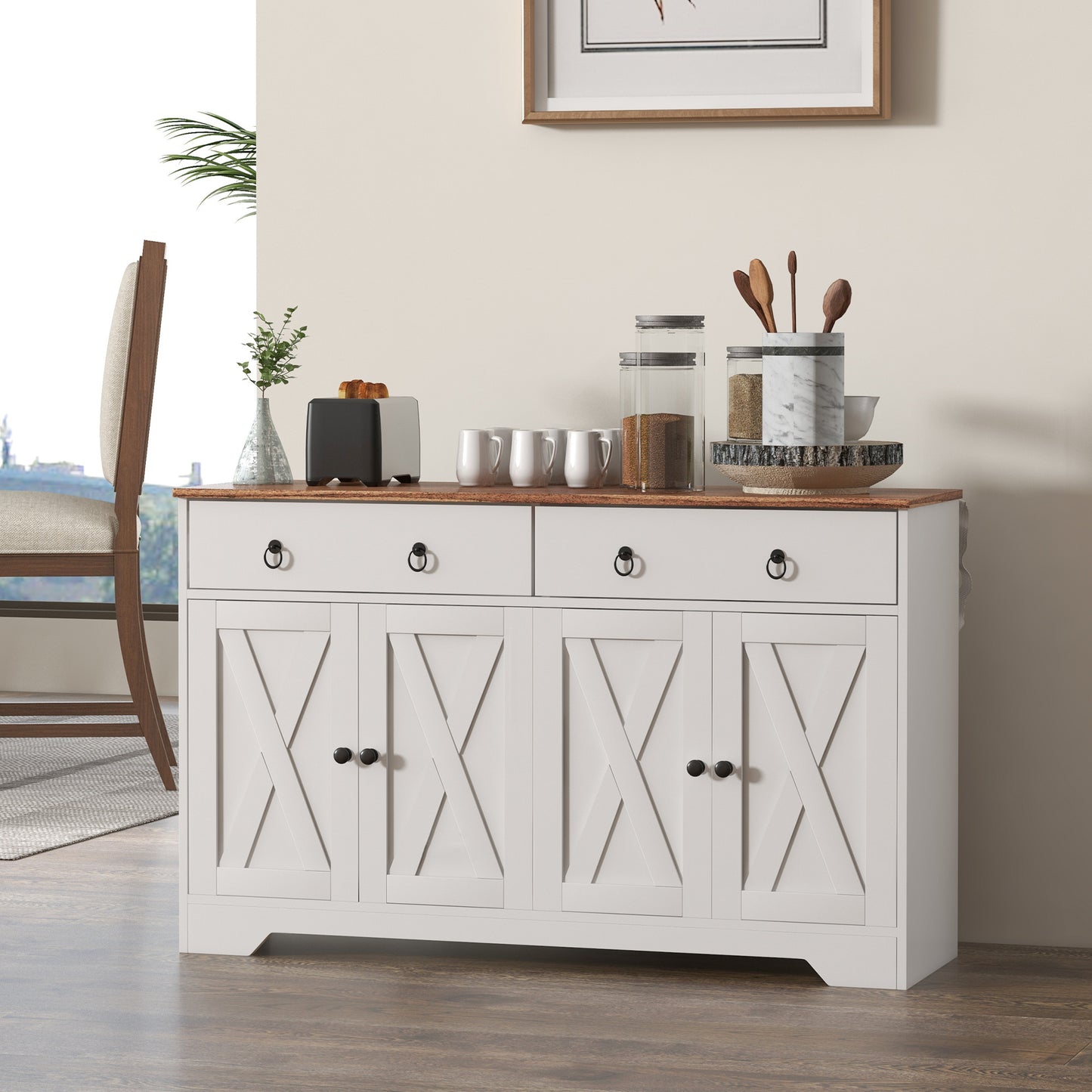 Sideboard Cabinet with 2 Drawers, 4 Barn Doors and 2 Adjustable Shelves, in White