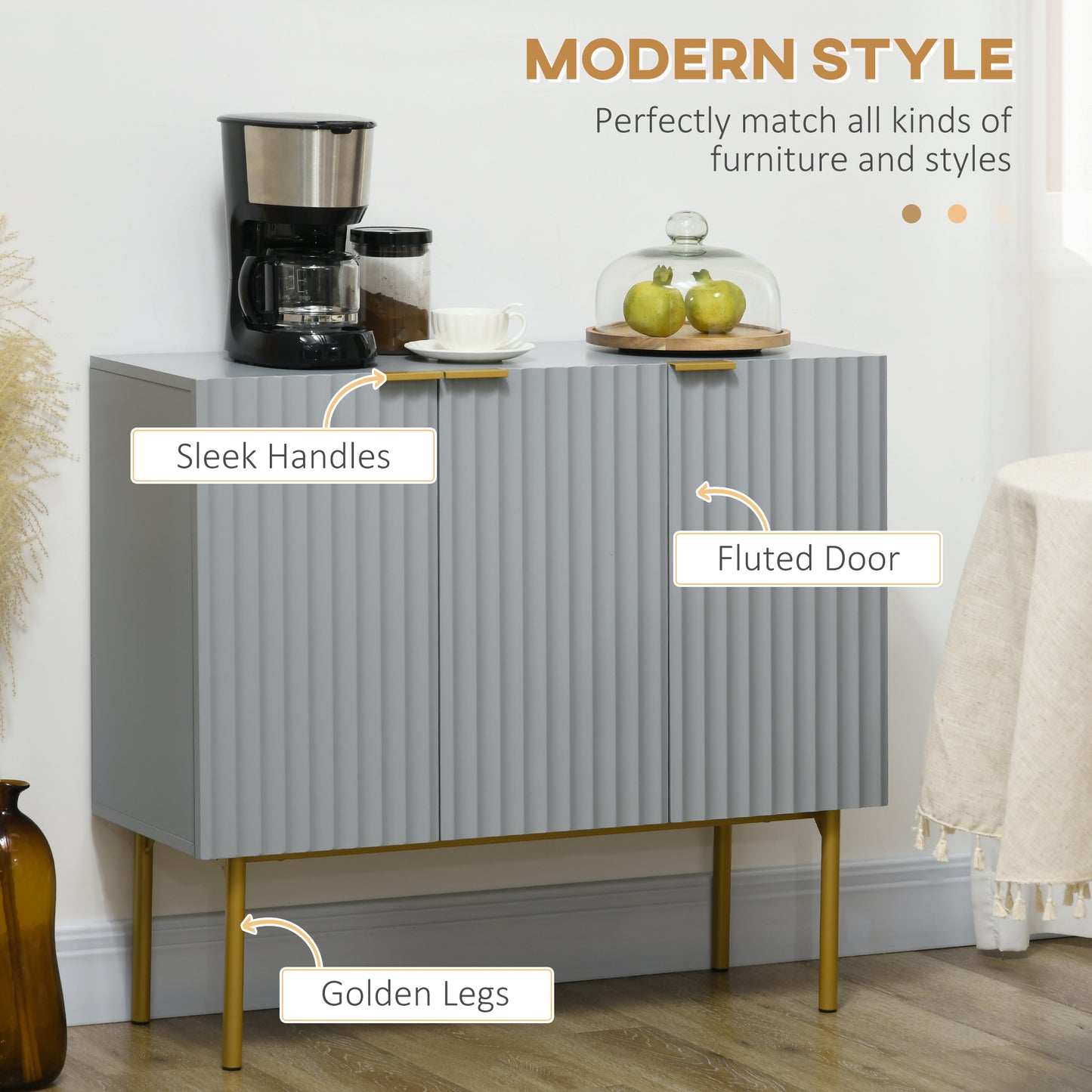 Modern Storage Cabinet Sideboard  with Gold Legs for Living Room Dining Room or Hallway Grey