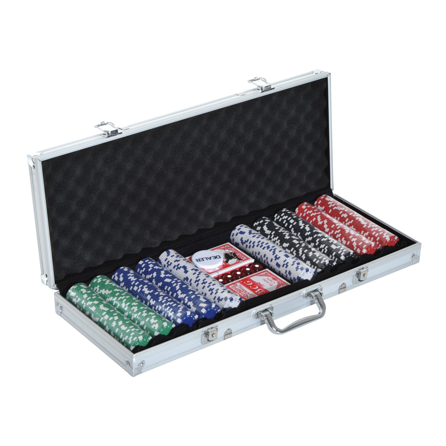 High Quality 11.5 gram Poker Chips Set with Silver Aluminum Case, 500 Striped Dice 2 Decks of Cards