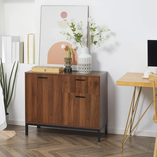 Kitchen Cabinet, Storage Cabinet, Sideboard Floor Accent Cabinet w/ Drawer, Enclosed Cabinet & Adjustable Shelves for Living Room, Dining Room, Bedroom, Entryway, Walnut Brown