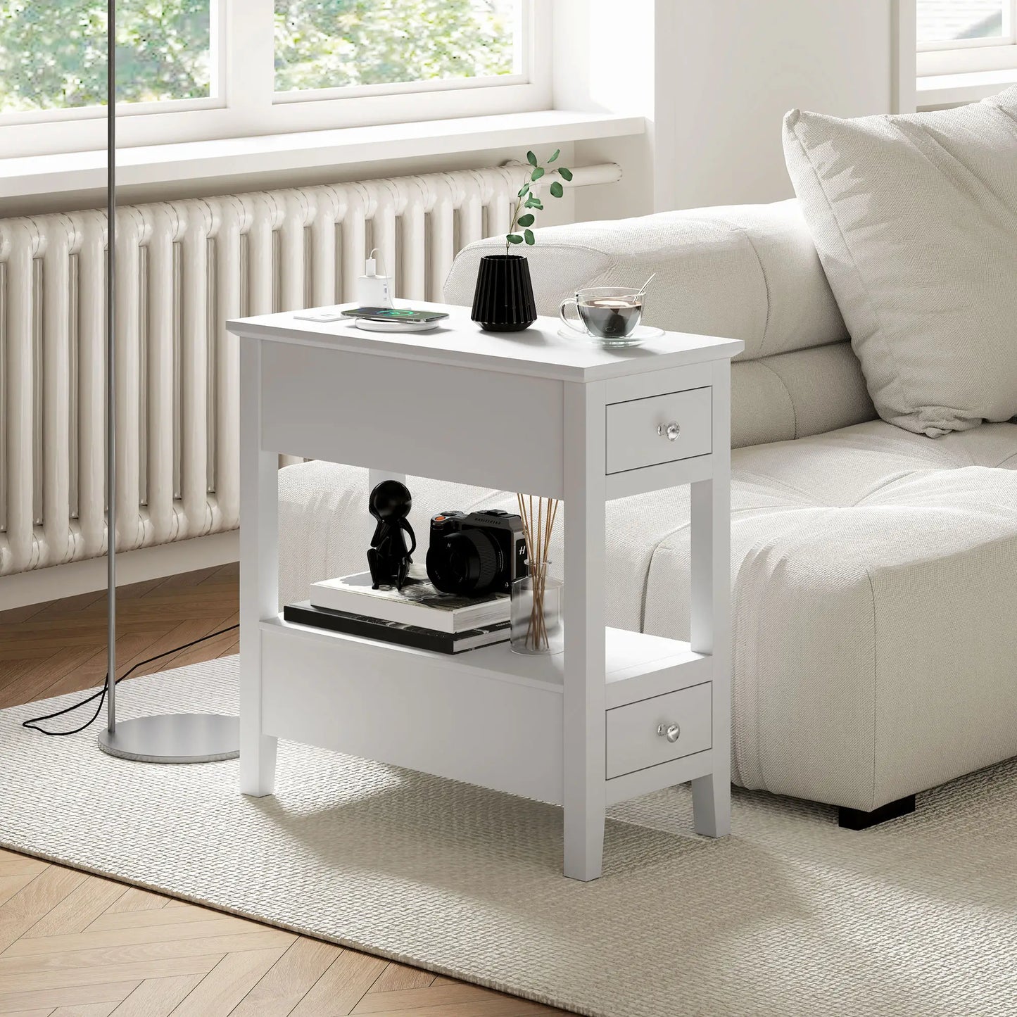 Narrow Side Table with Charging Station, USB Ports, Modern End Table with Storage Shelf, Drawers for Living Room, White