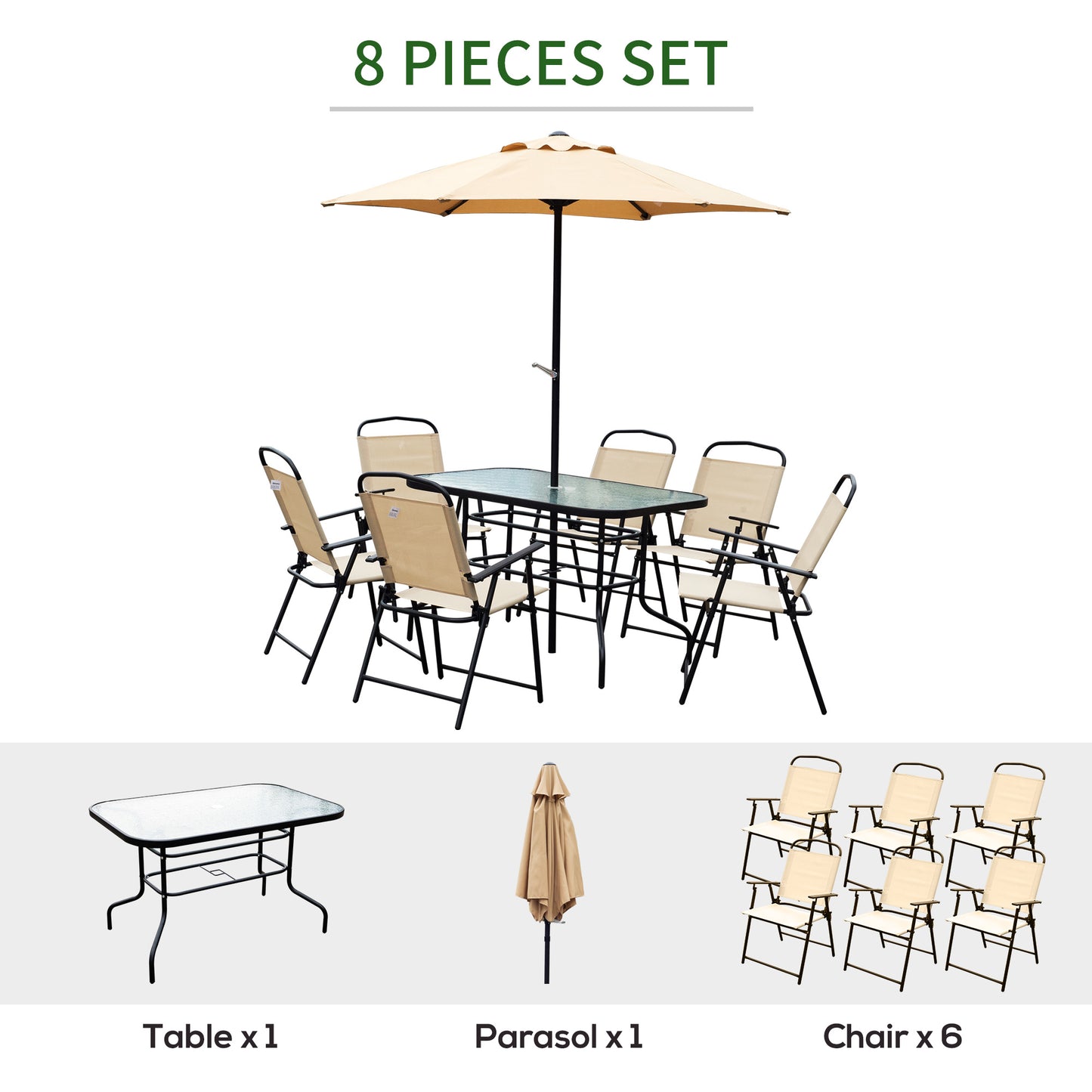 8pc Patio Garden Texteline Dining Set Outdoor Bistro Furniture 6 Folding Chairs with Table and Umbrella Beige