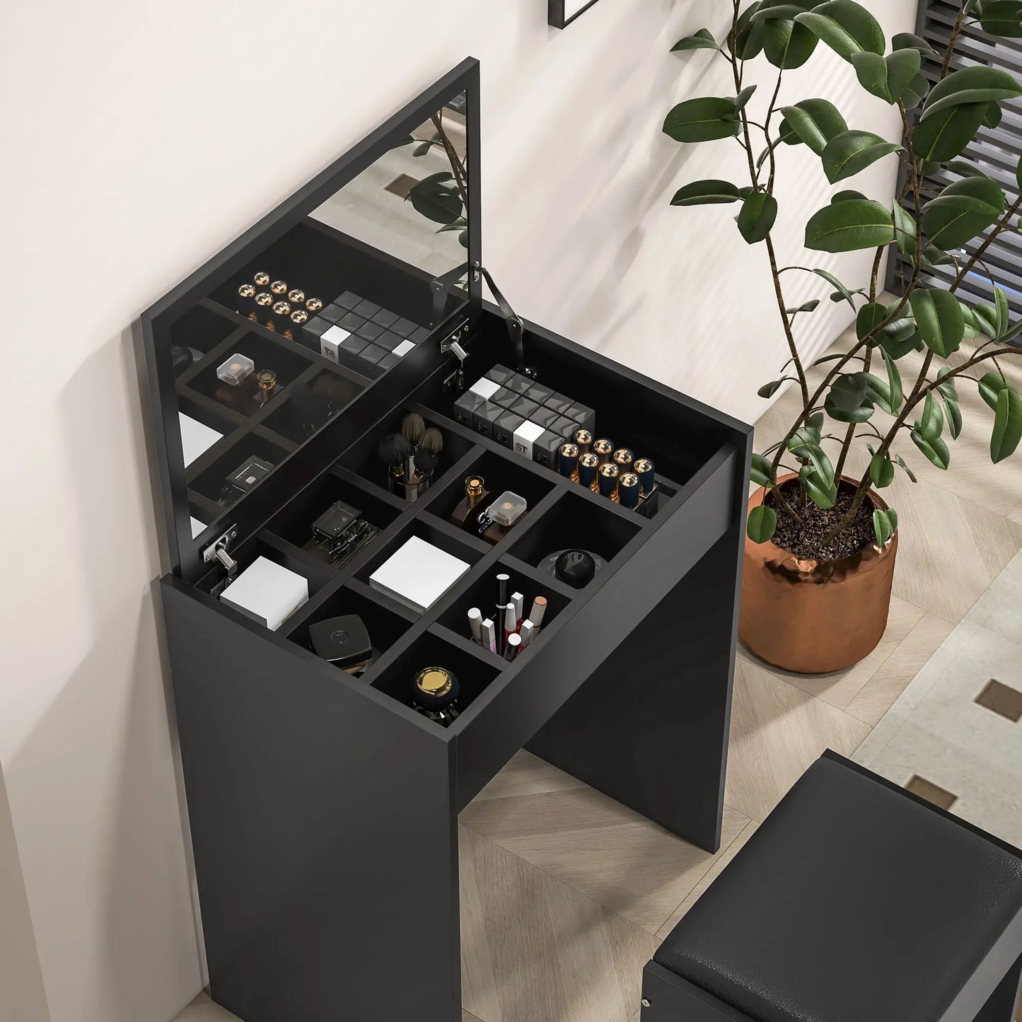 Modern Vanity Set with Makeup Table and Cushioned Stool, with Flip Top and Mirror, in Black