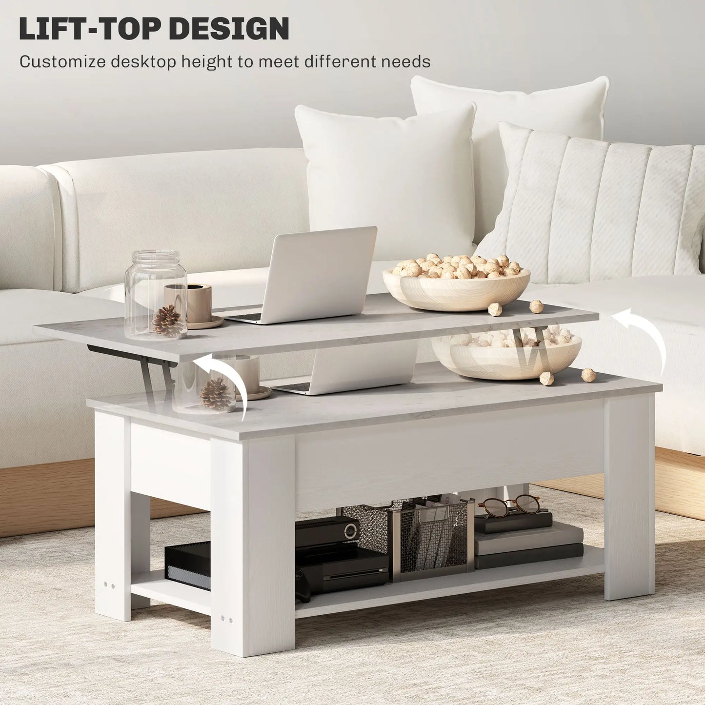 Lift Top Coffee Table with Hidden Storage Compartment and Open Shelf, White