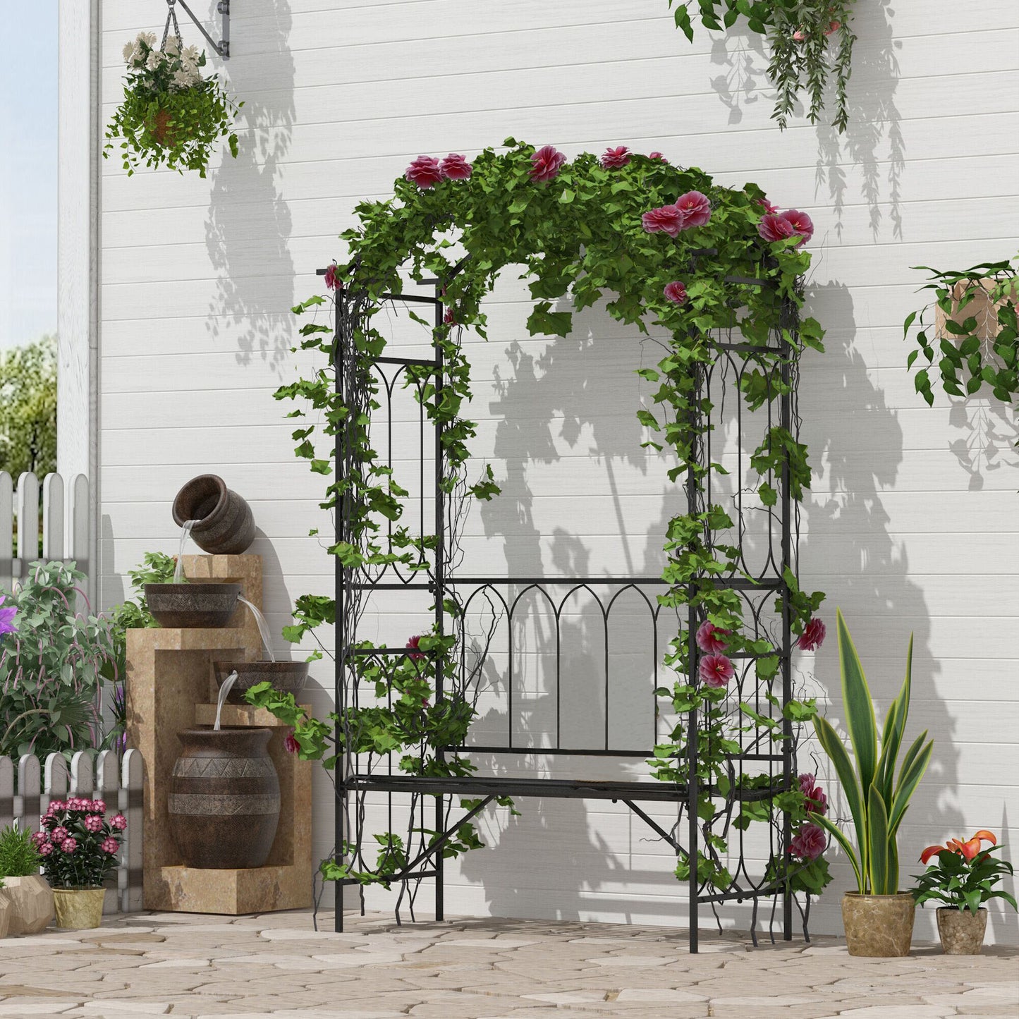 80" Tall Fairy Garden Arbor Arch with Bench Metal Outdoor Plant Climbing Support Trellis with 2 Seater Bench for Rose Vines Black