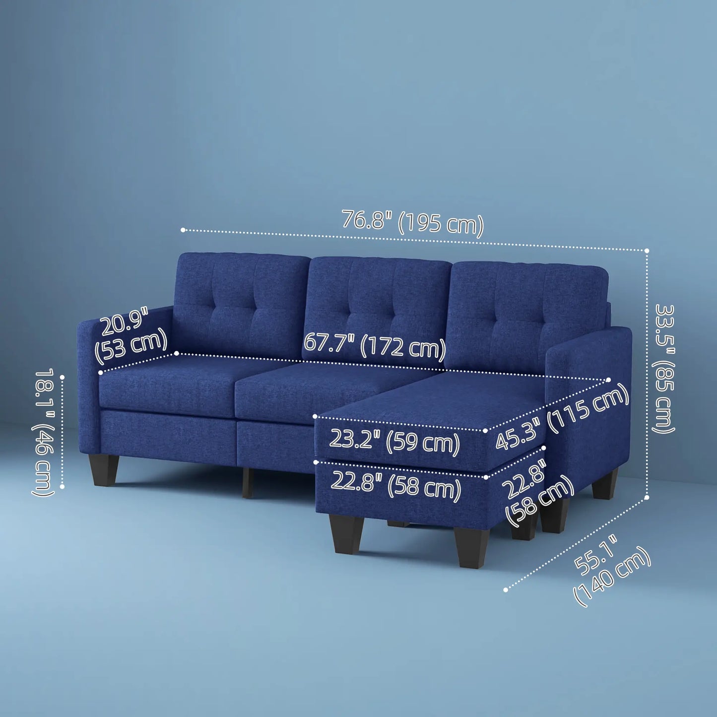 L-shaped Sofa, 3 Seater Sectional Couch with Ottoman with Thick Padded Cushion and Wood Legs, Dark Blue