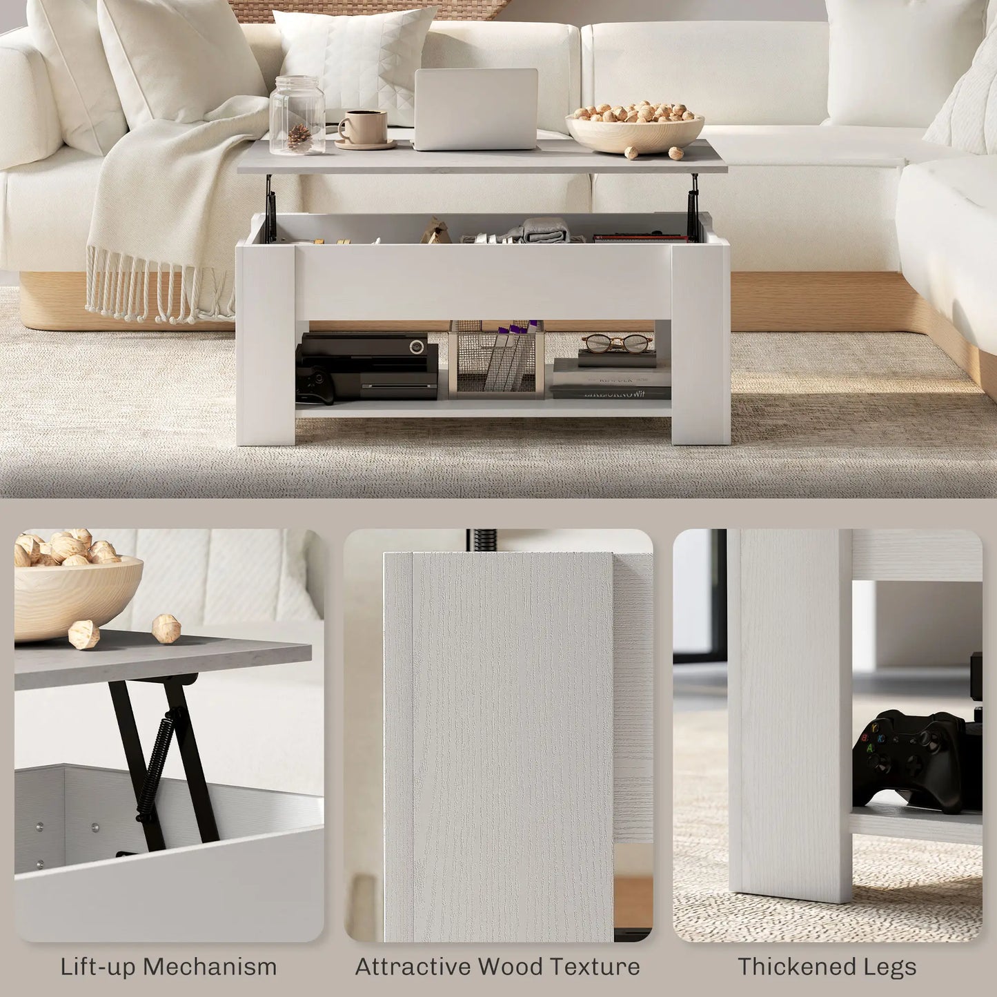 Lift Top Coffee Table with Hidden Storage Compartment and Open Shelf, White