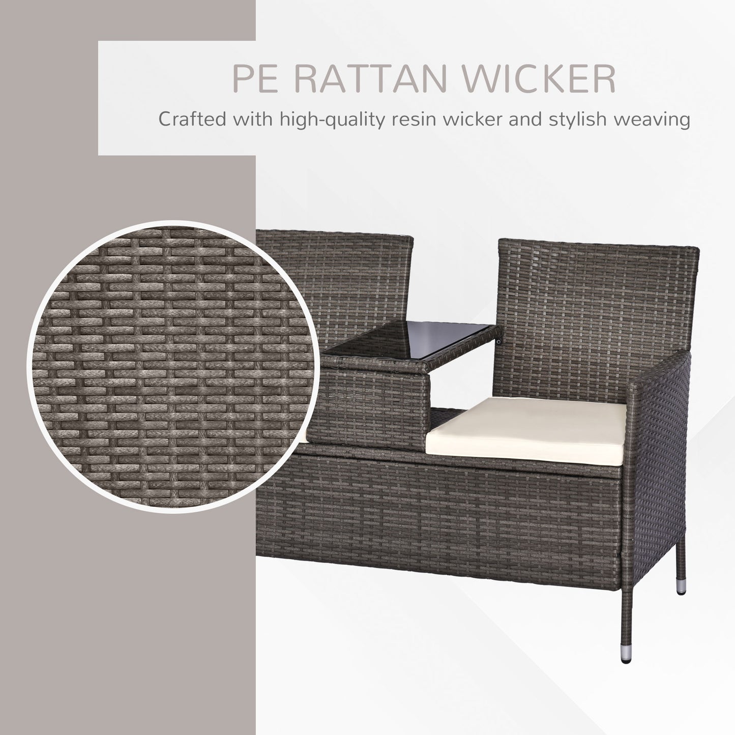 2 Seat Rattan Wicker Chair with Cushion Garden Bench with Tea Table Backyard All Weather Padded Seat Grey