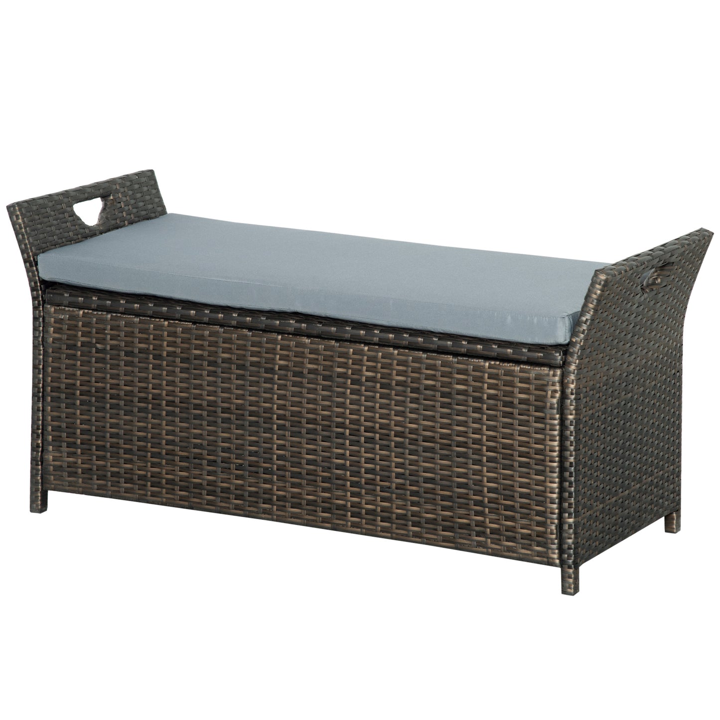 Outsunny 2-In-1 Outdoor PE Rattan Storage Bench, 27 Gallon Patio Wicker Furniture, Basket Box with Handles and Cushion Dark Grey