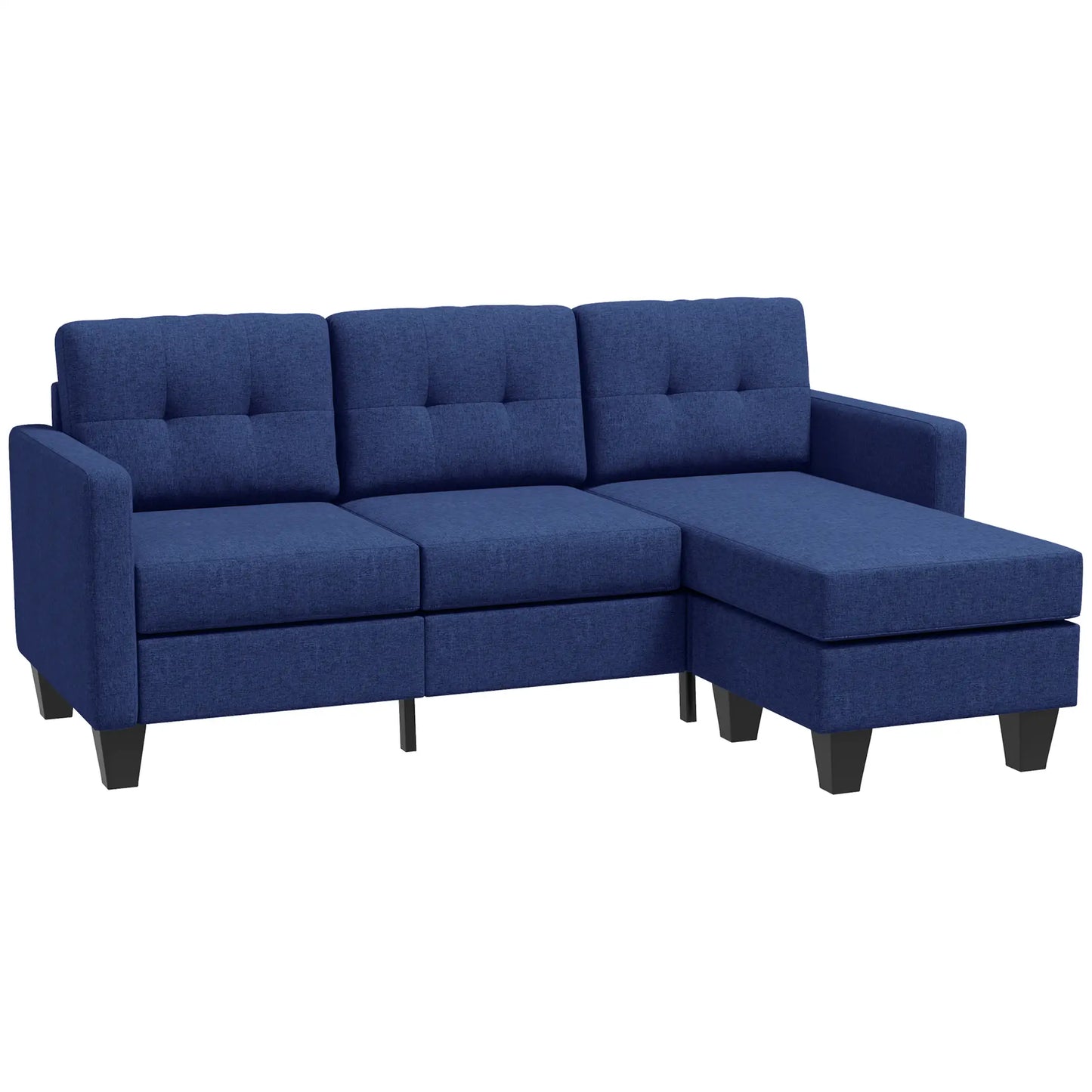 L-shaped Sofa, 3 Seater Sectional Couch with Ottoman with Thick Padded Cushion and Wood Legs, Dark Blue