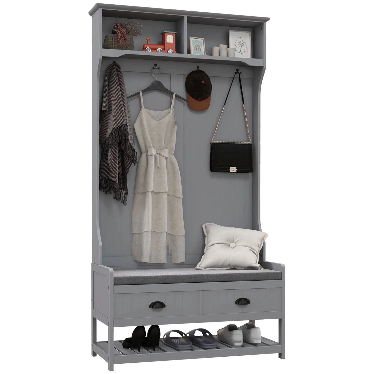 Clothing Storage, Coat Stand, Shoe Storage Bench Organizer with Coat Hanger, Drawers Padded Seat Cushion Grey