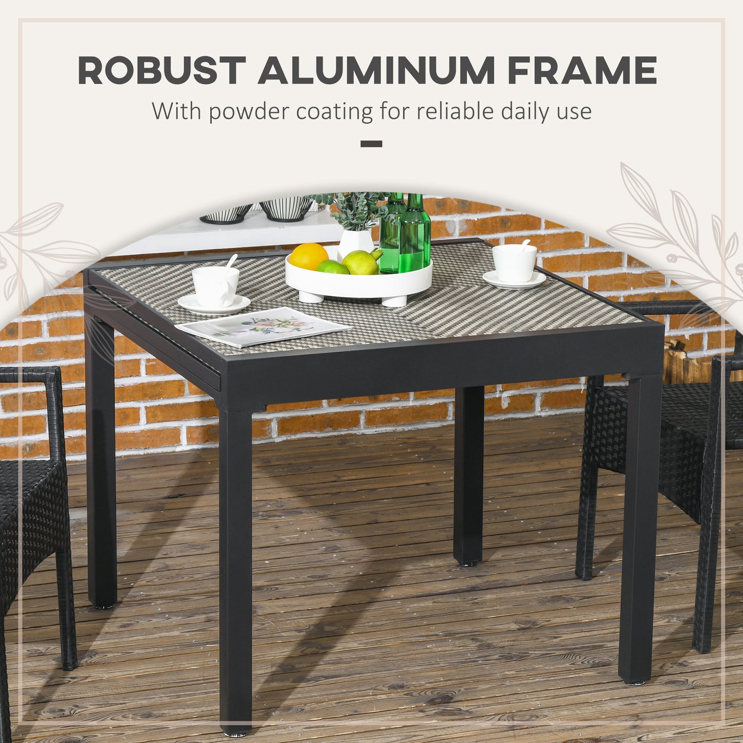 Extendable Rattan Dining Table, Patio Retractable Table, Aluminum Frame, 90/180 x 90 cm, Mixed Brown