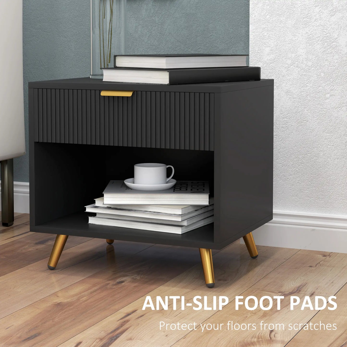 Nightstand with Fluted Panel, Bedside Table with Drawer and Open Compartment in black