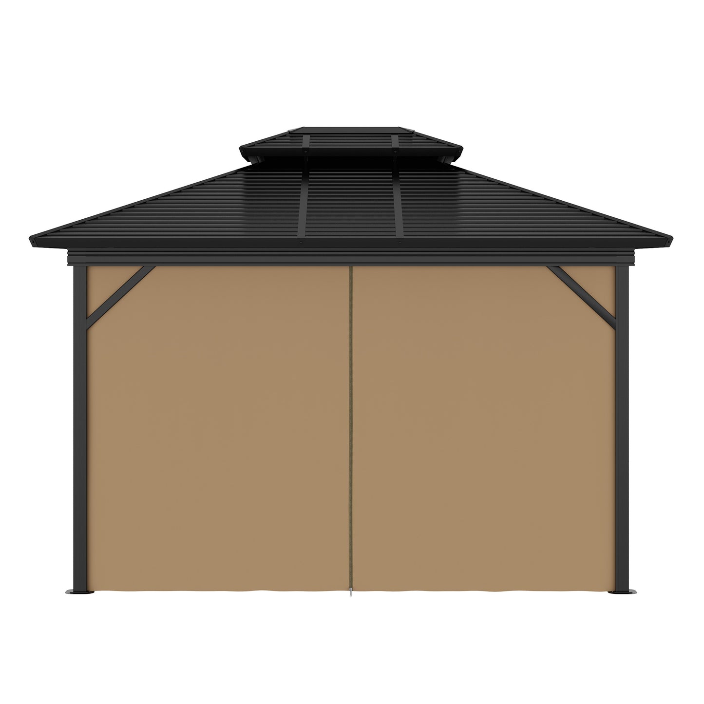 10' x 12' Hardtop Gazebo, Aluminum Frame Garden Sun Shelter with Double Tier Metal Roof, Mosquito Netting, Curtains, and Hanging Hook, Brown