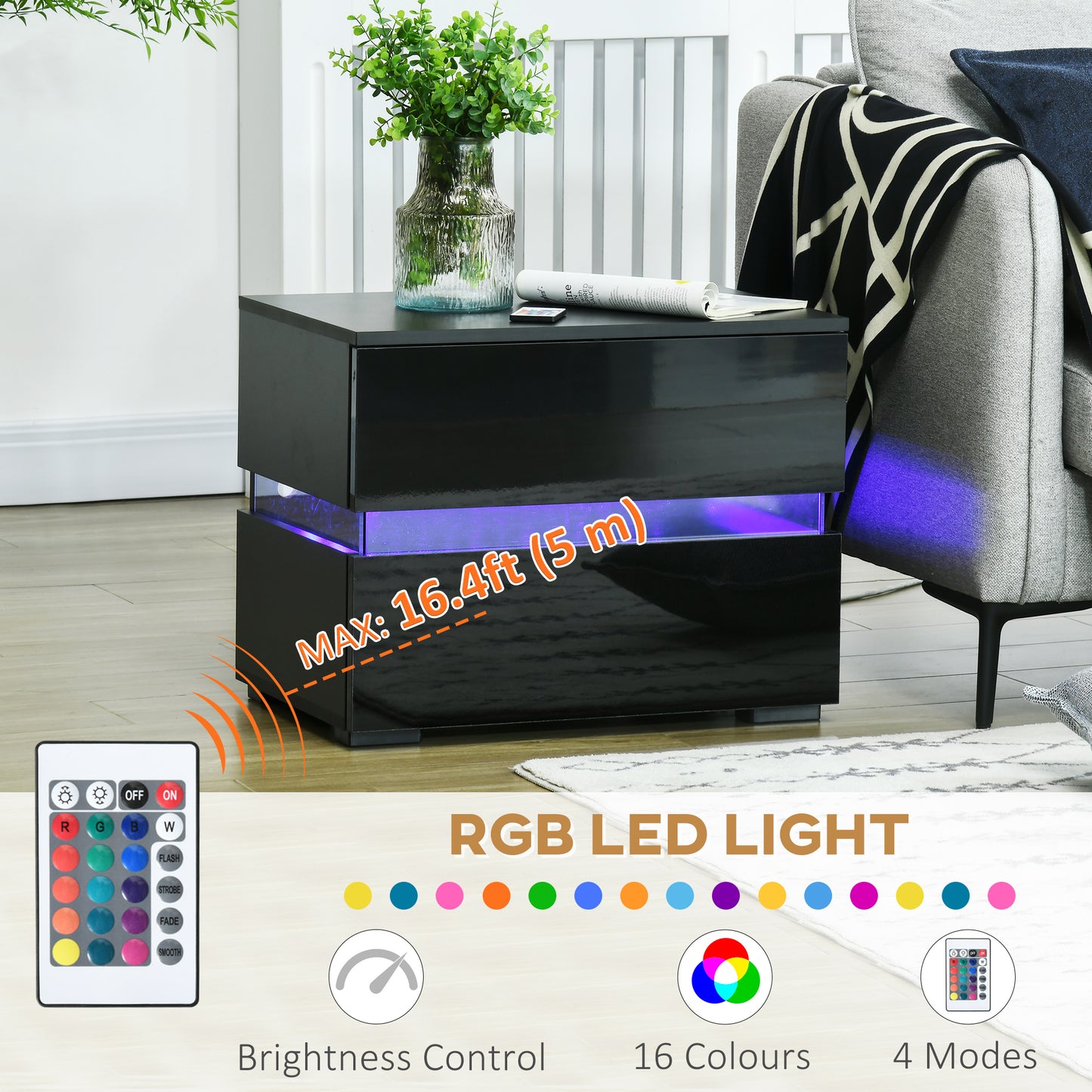 Modern Nightstand, Bedside Table with 2 High Gloss Drawers, USB Powered RGB LED Lights, Remote , Black