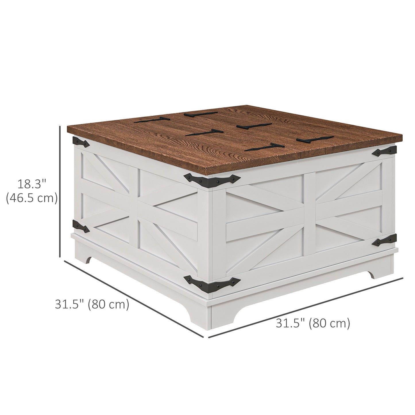 Farmhouse Coffee Table, Square Center Table with Flip-top Lids, Hidden Storage Compartment, White