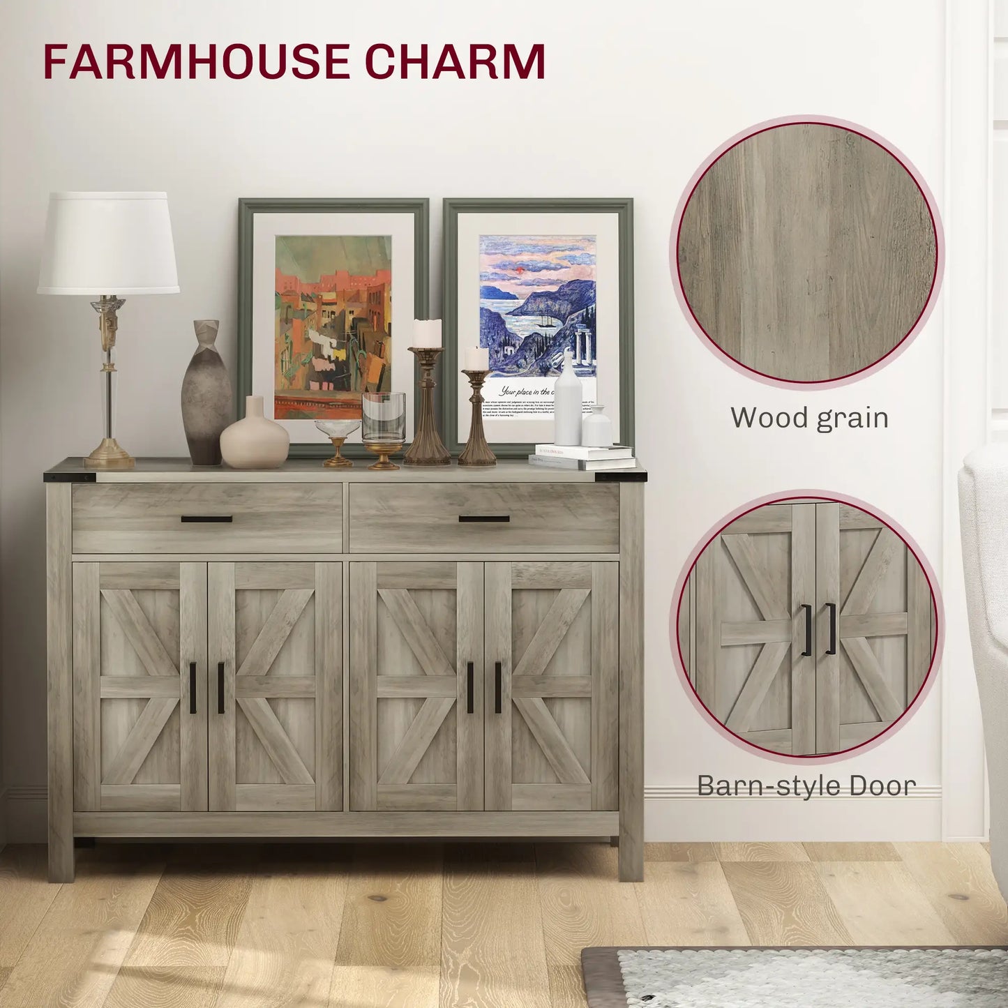 Farmhouse Buffet Cabinet Sideboard with 2 Drawers, 2 Storage Cabinets and Adjustable Shelves, Grey