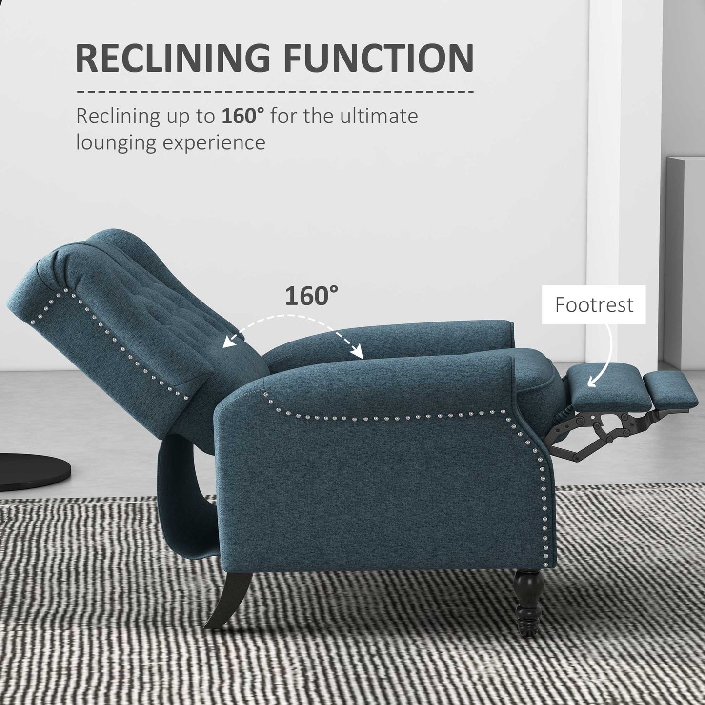 Wingback Reclining Chair with Footrest, Button Tufted Recliner Chair with Rolled Armrests for Living Room, Blue