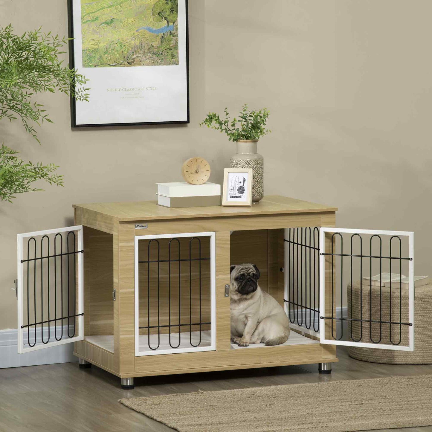 Pet Crate End Table with Soft Cushion, Double-Door Dog Crate Furniture for Medium Large Dogs, Wooden Wire Pet Kennel for Indoor Use