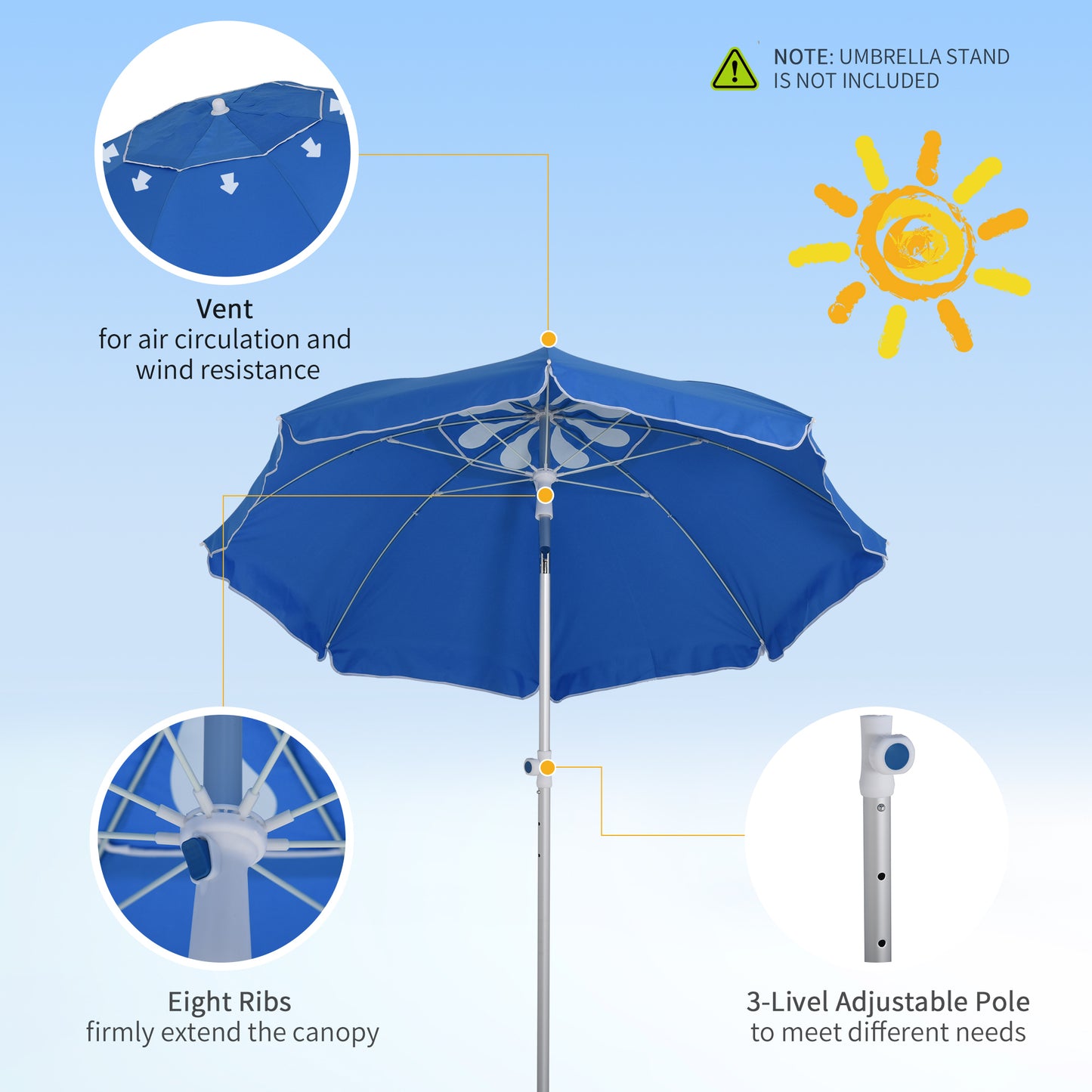 Arc. 6.4ft Beach Umbrella with Aluminum Pole Pointed Design Adjustable Tilt Carry Bag for Outdoor Patio Blue