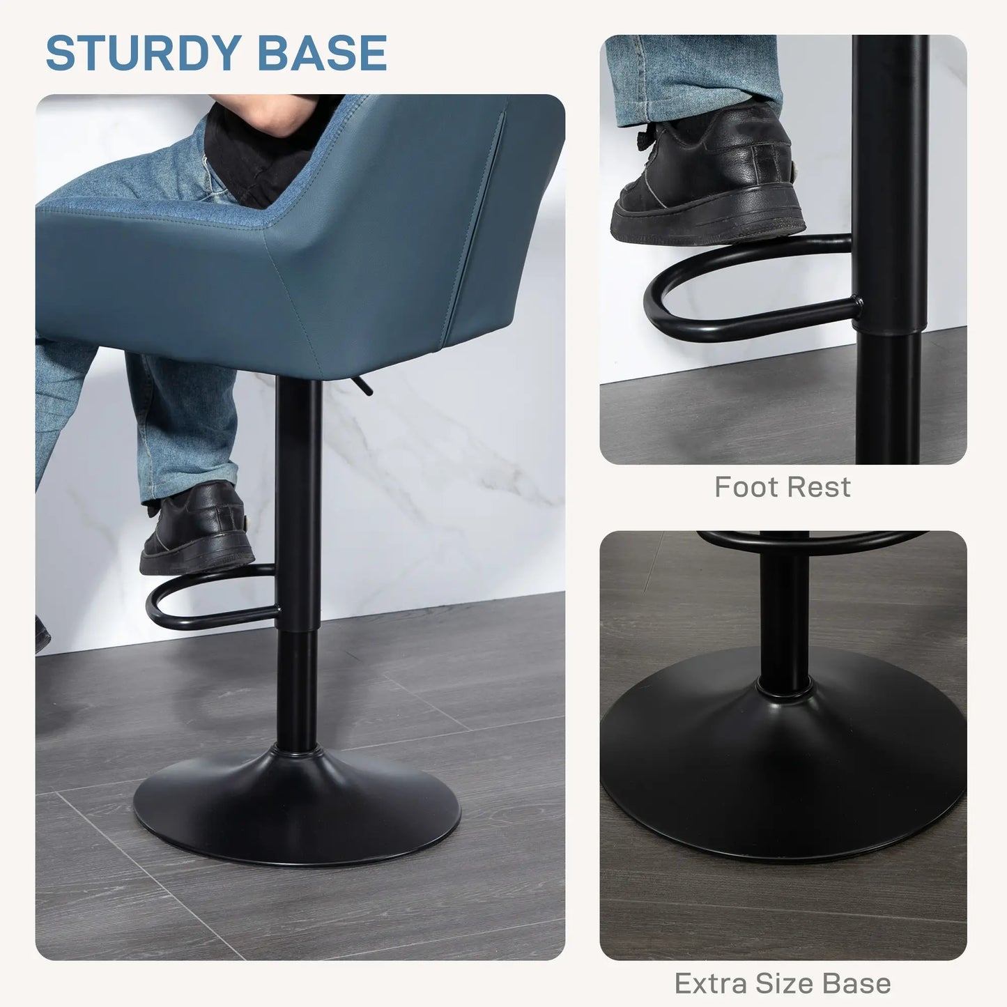 Swivel Barstools Set of 2 Adjustable, Footrest Armrests and PU Leather Back in Dark Blue