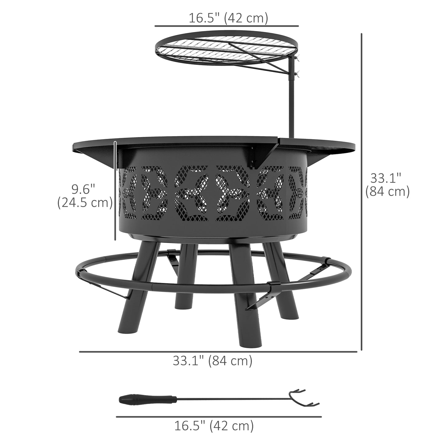 Wood Burning Fire Pit Charcoal BBQ Grill, Portable Firepit with Adjustable Grill Grate, Pan and Poker, 33", Black