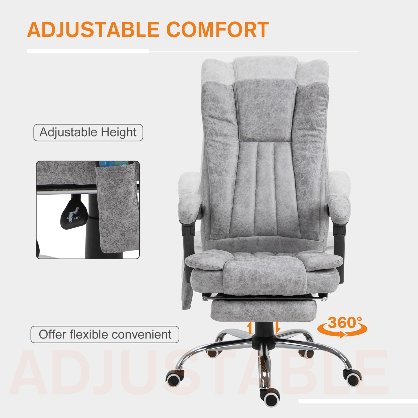 Office Chair 6-point Vibration Massage Chair Micro Fiber Recliner with Retractable Footrest Grey