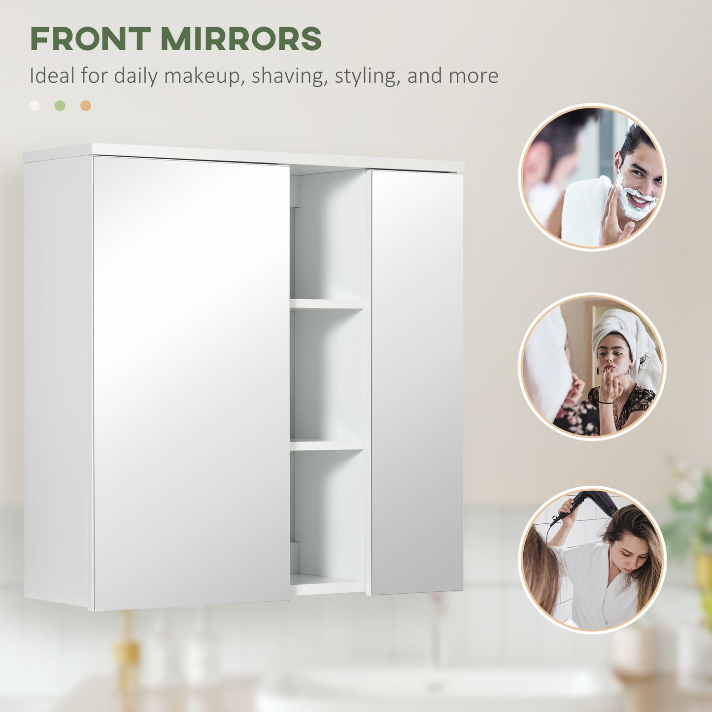 kleankin Wall Mounted Medicine Cabinet with Mirror Wall Mirror Cabinet with Doors 3 Open Storage and Adjustable Shelves White